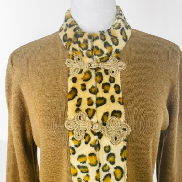 Vintage Victor Costa Wool Blend Cardigan Jacket Faux Fur Trim Golden Loops M Tan - Picture 2 of 8